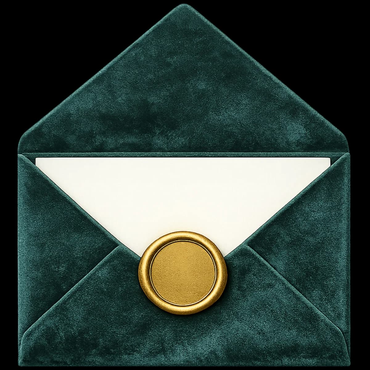 Emerald velvet wedding envelope with an ivory card and gold wax seal